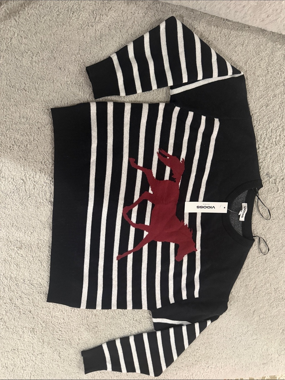 Vigoss Black & White Striped Crew Sweater with Red Horse Motif